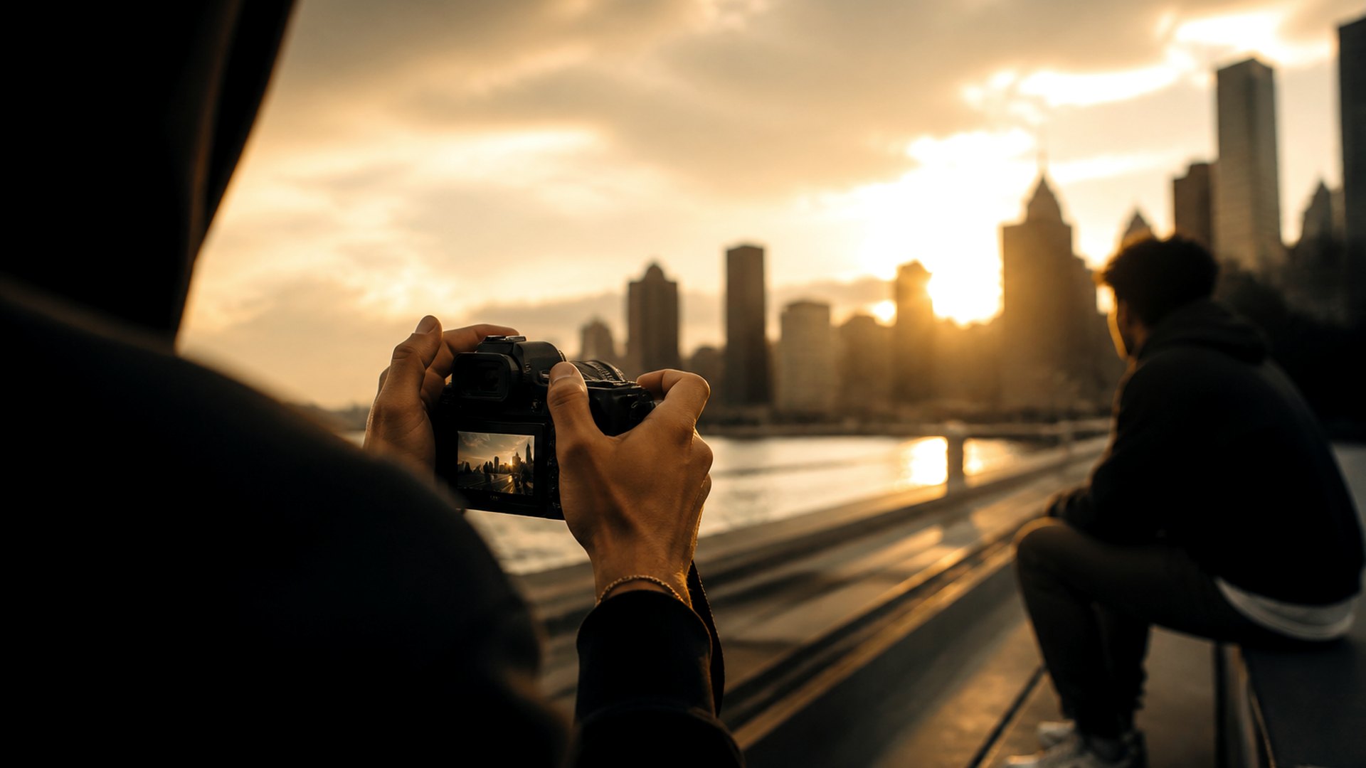 A camera aimed at a city skyline during golden hour