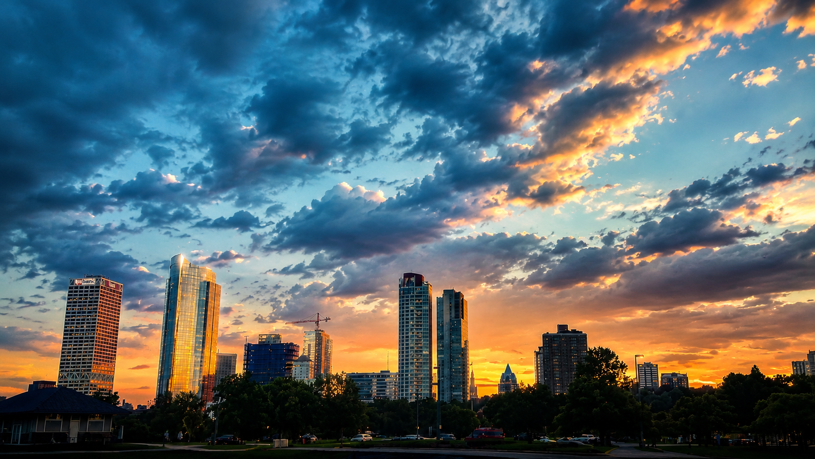 A camera aimed at a city skyline during golden hour