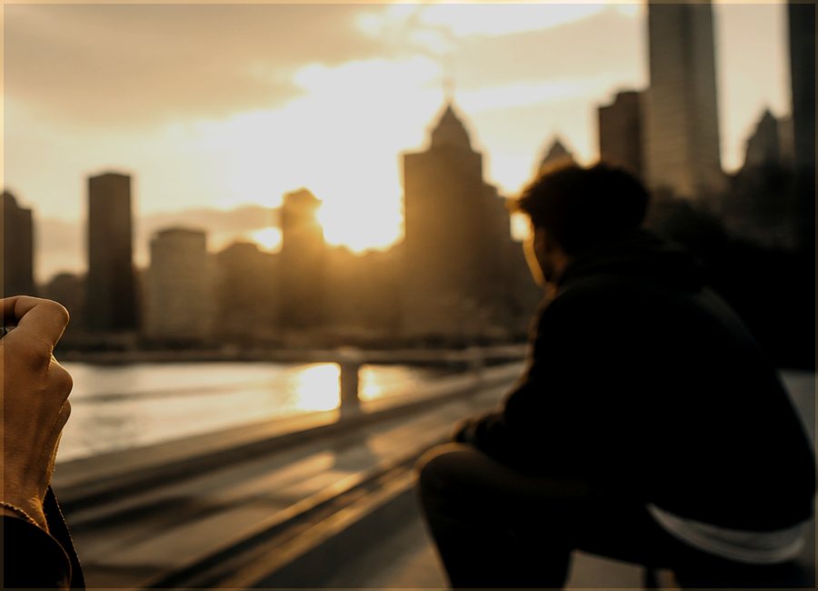 Cinematic city scene at sunset