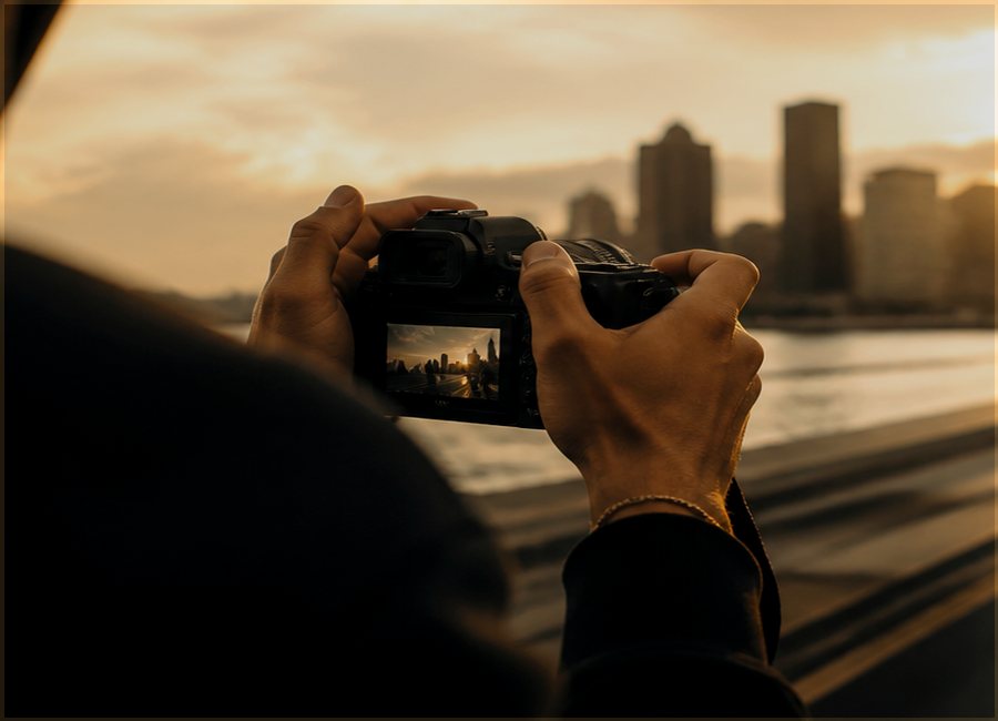 Close-up of a camera being used during golden hour